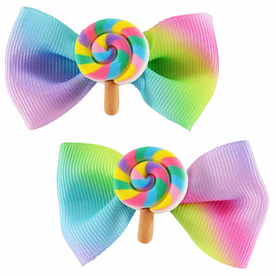 Pastel Rainbow Hair Clip Bows with attached lollipops 