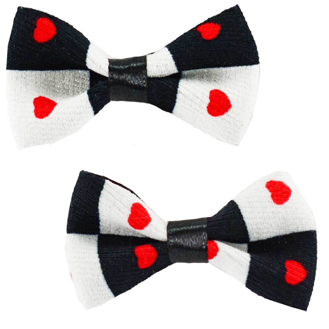 Set of two fabric ribbon hair bows in a two-tone pattern with red love hearts