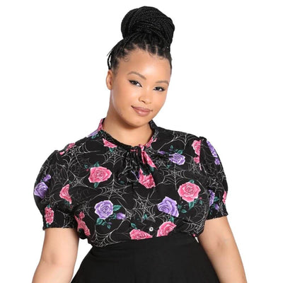 Hell Bunny Eloise spiderweb and roses top on plus model