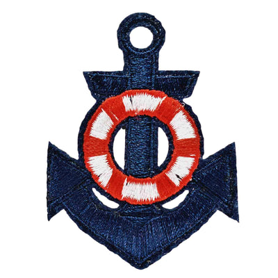Navy blue anchor iron on patch with red and white life saver ring on the top