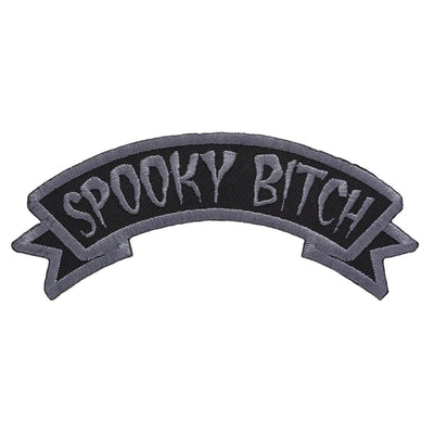 Kreepsville 666 Spooky Bitch Arch Iron On Patch -Sparkly grey embroidery on the border and "Spooky Bitch" in a creepy font on a black background