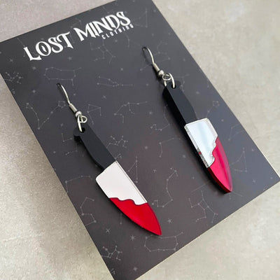 Lost Minds Earrings - Gothic Mirror Bloody Knife Red - knives with black handles and bloody dripping from the blade