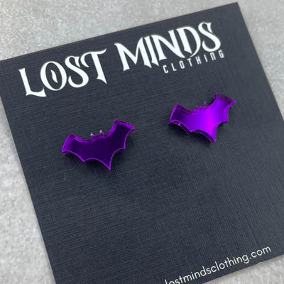 Lost Minds Gothic Earrings - Mirror Bat - purple Studs