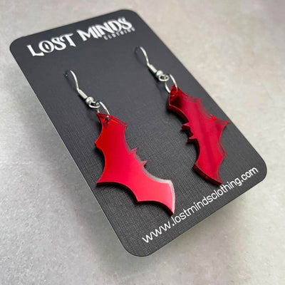 Lost Minds Earrings - Gothic Mirror Bat - Red with hooks