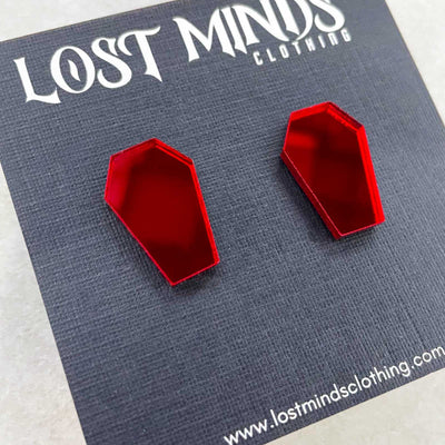 Lost Minds Earrings - Gothic Mirror Coffins - red . small stud earrings in the shape of coffins