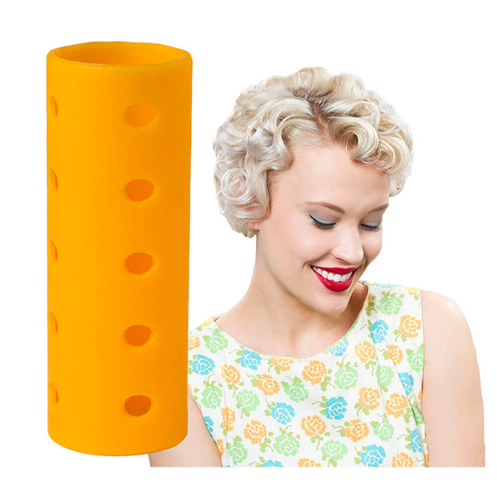 Lovely Lady Magnetic Hair Rollers - 7/8" model with retro hairstyle next to roller