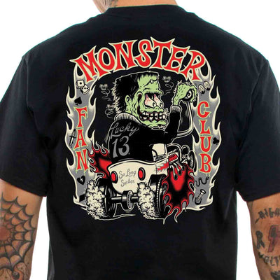 Lucky 13 Men's Monster Rodder tee - back print features a green frankenstein monster wearing a black Lucky 13 jacket driving a hot rod. Surrounded by flames and "monster fan club" text at the top and sides. The back of his hot rod reads "So Long Sucker"