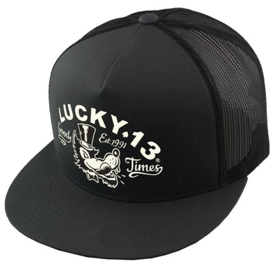 a black trucker cap with a cartoon wolf and text "Lucky 13 Good Times" printed on the front