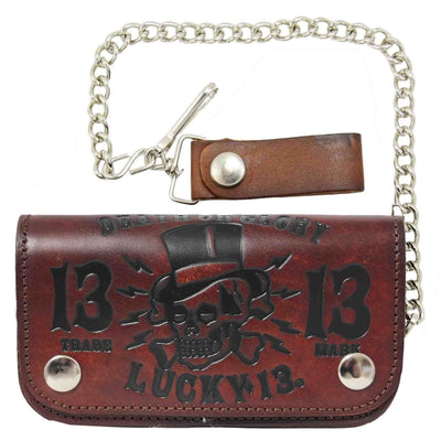 Image of Lucky 13 Death Or Glory Embossed Leather Chain Wallet - Brown