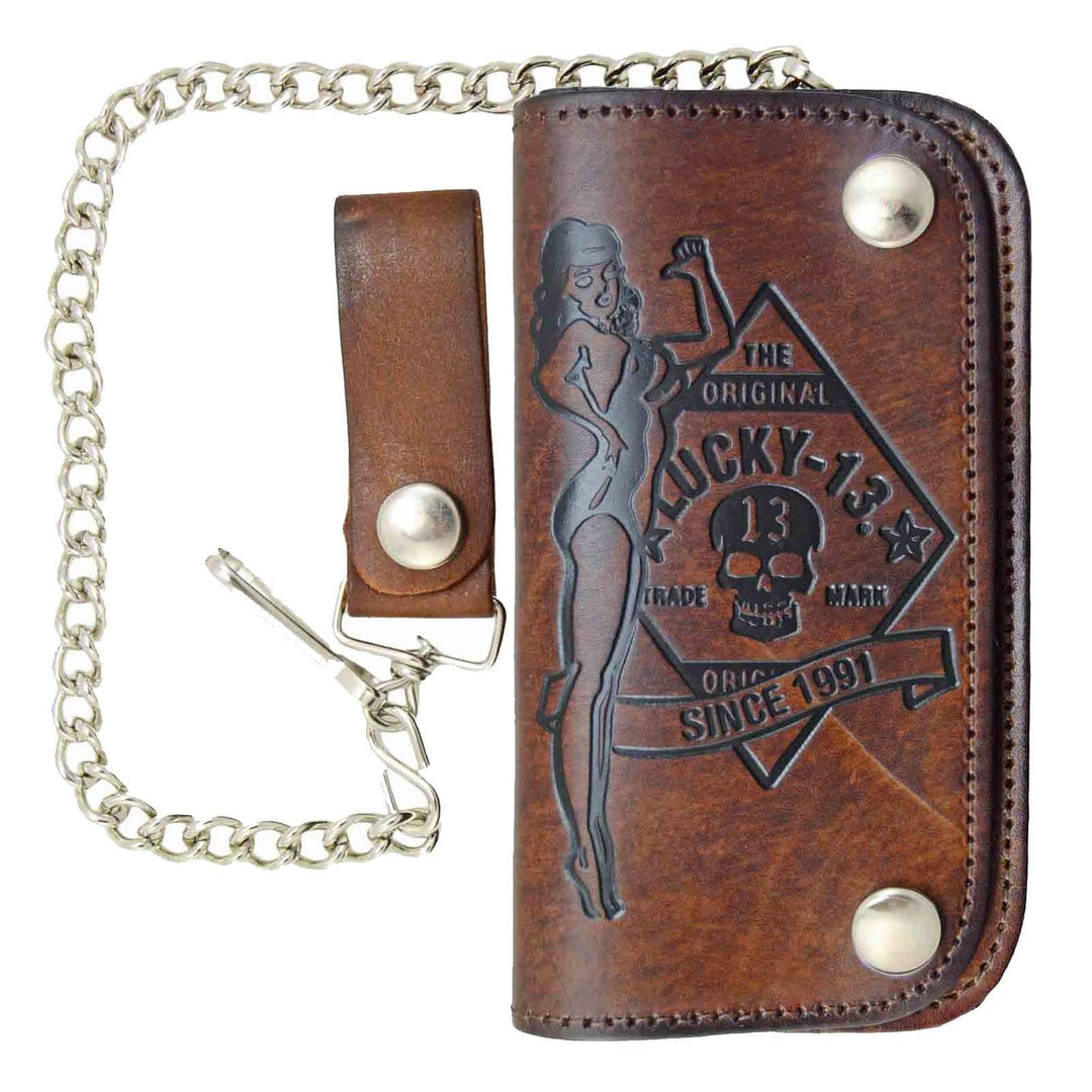 Image of Lucky 13 No Riders Embossed Leather Chain Wallet - Brown