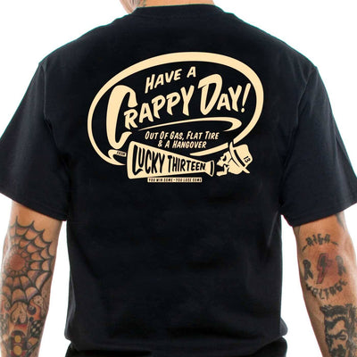 A black t-shirt with a back print of "Crappy Day" Motif