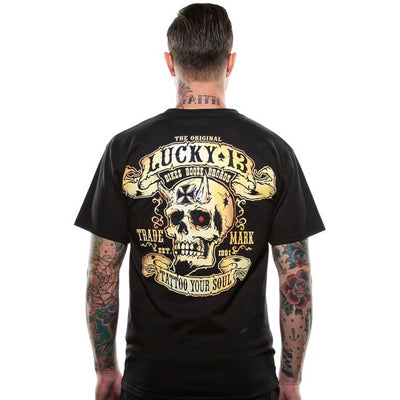 Lucky 13 Men's Retro T-Shirt - Booze, Bikes & Broads model back
