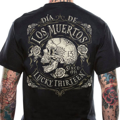 Lucky 13 Men's T-Shirt - Los Muertos Dead Skull - back cropped