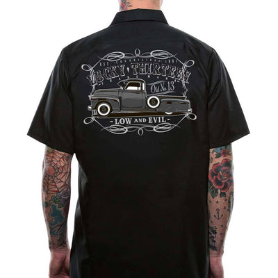Lucky 13 Dragger Tow Truck Work Shirt in two-tone grey model back - texxt reads "Lucky 13 Old no. 13 Low and Evil. 