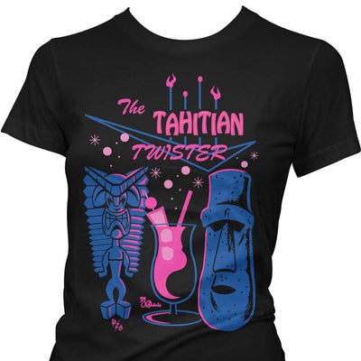 Cool print of a pink cocktail in a long glass with two tikis on either side and "The Tahitian Twister" text above with dots and stars in the background