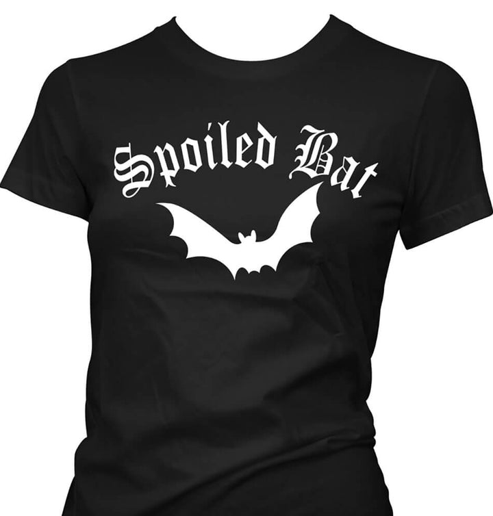 Pinky Star Women's Gothic T-Shirt - Spoiled Bat - close up shot - black t-shirt with text reading "Spoiled Bat" in a gothic font and a bat underneath all printed in white
