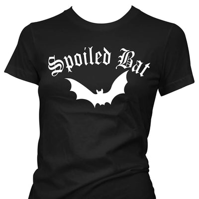 Pinky Star Women's Gothic T-Shirt - Spoiled Bat - close up shot - black t-shirt with text reading "Spoiled Bat" in a gothic font and a bat underneath all printed in white