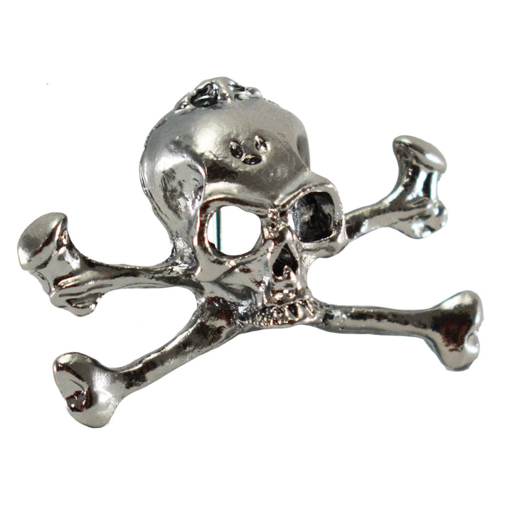 a silver skull and Crossbones enamel pin side view