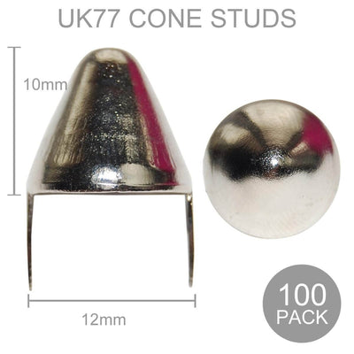 Image of 12mm Wide UK77 Cone Studs - Silver (Pack of 100)