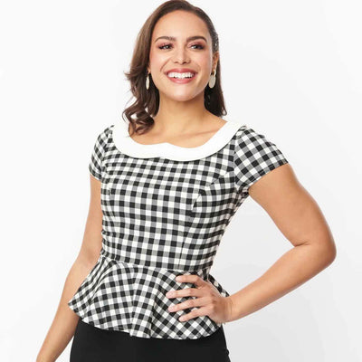 Unique Vintage Gingham Peplum Top model - front view