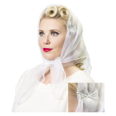 Image of model wearing Vintage Hairstyling Tidy Tresses Hair Scarf - white